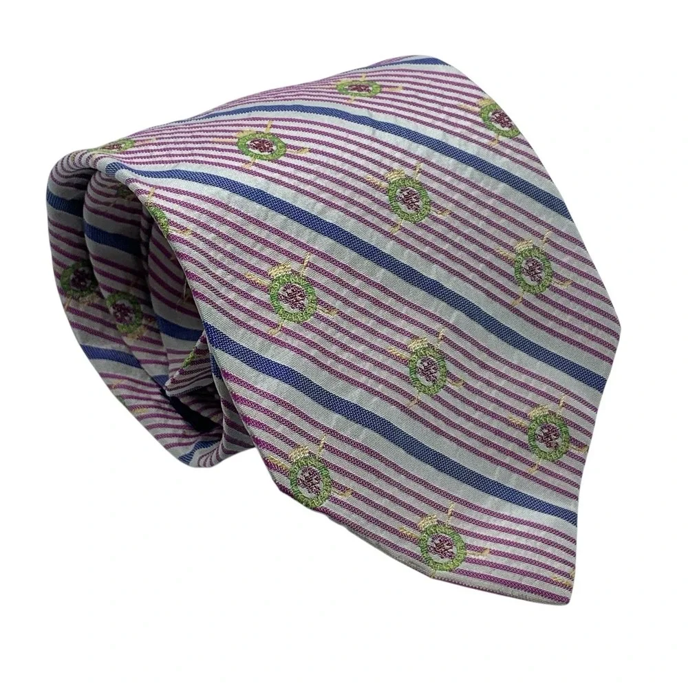 Tommy Hilfiger Men's Silk Necktie Purple‎ Blue White Striped Emblem Tie